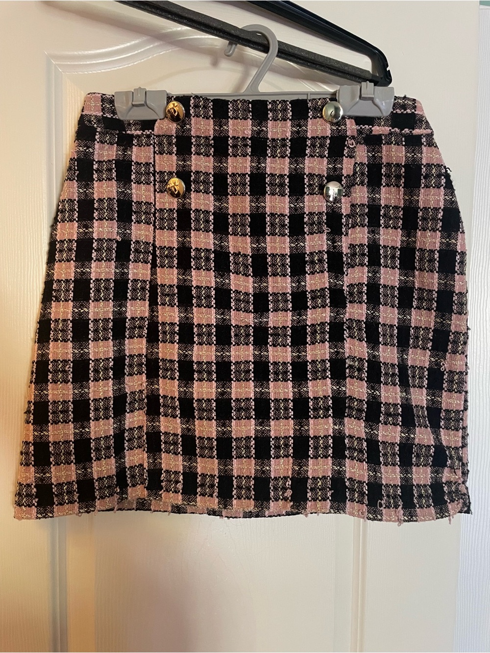 Topshop Pink and Black Plaid Tweed Mini Skirt with Gold Buttons